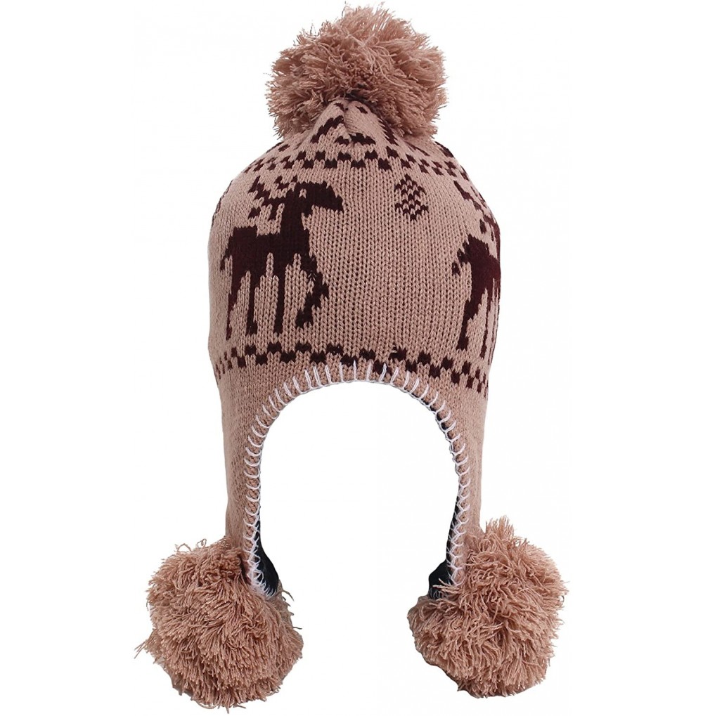 Skullies & Beanies Women's Knit Winter Beanie w/Earflap and Pom Balls - 3393_khaki Deer - C1127SEA0N3