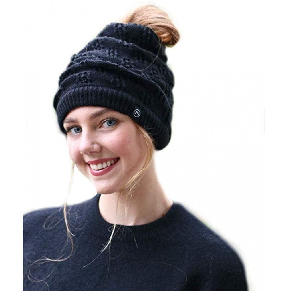 Skullies & Beanies Winter Knit Beanies for Pony Tail- Messy Bun or Traditional Style - Black - C918EU8IMG0