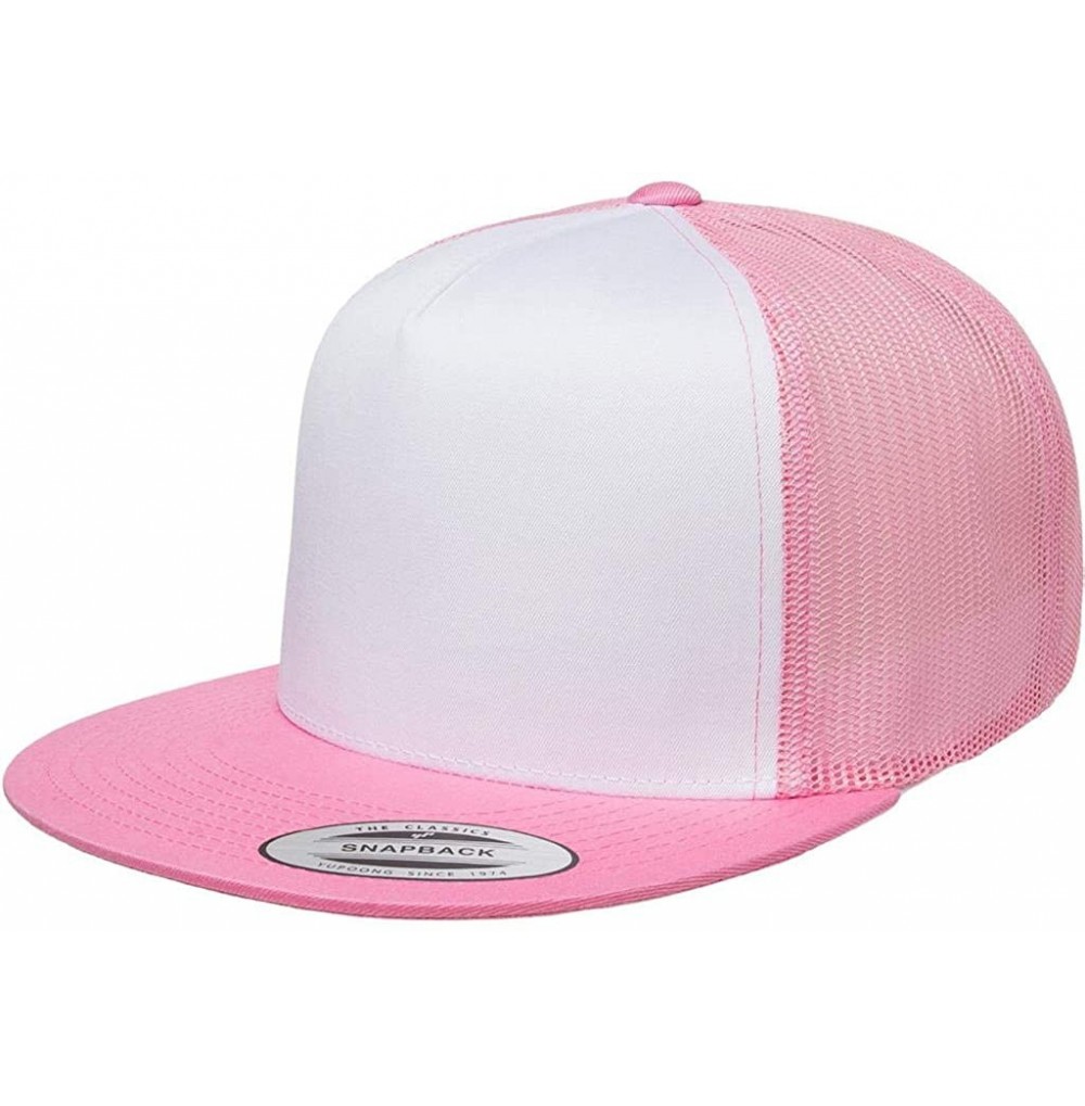 Baseball Caps Yupoong 6006 Flatbill Trucker Mesh Snapback Hat with NoSweat Hat Liner - White Front/Pink - CW18O806Q7X