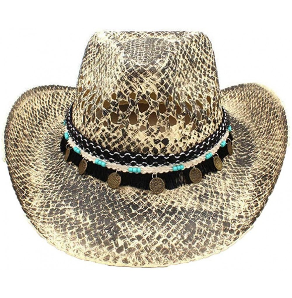 Cowboy Hats Woven Straw Western Cowboy Hat Vintage Wide Brim Outback Sun Hat with Leather Belt - C4 Caj - C018S5XHZQ4