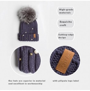 Skullies & Beanies Women Knit Winter Turn up Beanie Hat with Pearl and Fur Pompom - Blue(gray Pompom) - CA185K8WCZX