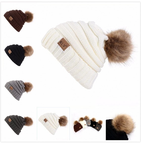 Skullies & Beanies Unisex Knit Slouchy Beanie Chunky Baggy Hat Warm Skull Ski Cap Faux Fur Pompom Hats for Women Men - A-whit...