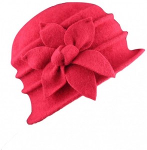 Skullies & Beanies Women 100% Wool Felt Round Top Cloche Hat Fedoras Trilby with Bow Flower - A6 Red - CD188A5X4IQ