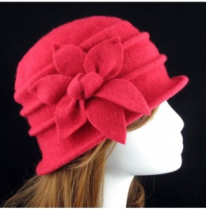 Skullies & Beanies Women 100% Wool Felt Round Top Cloche Hat Fedoras Trilby with Bow Flower - A6 Red - CD188A5X4IQ