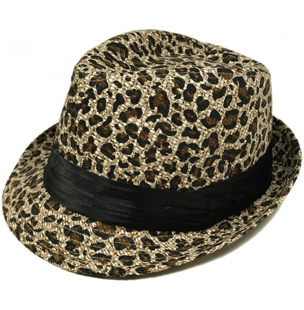 Fedoras Animal Print Ribbon Band Fedora Straw Hat - Different Colors & Prints Avail - Beige Leopard - C711F48LIO7