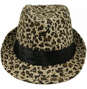 Fedoras Animal Print Ribbon Band Fedora Straw Hat - Different Colors & Prints Avail - Beige Leopard - C711F48LIO7