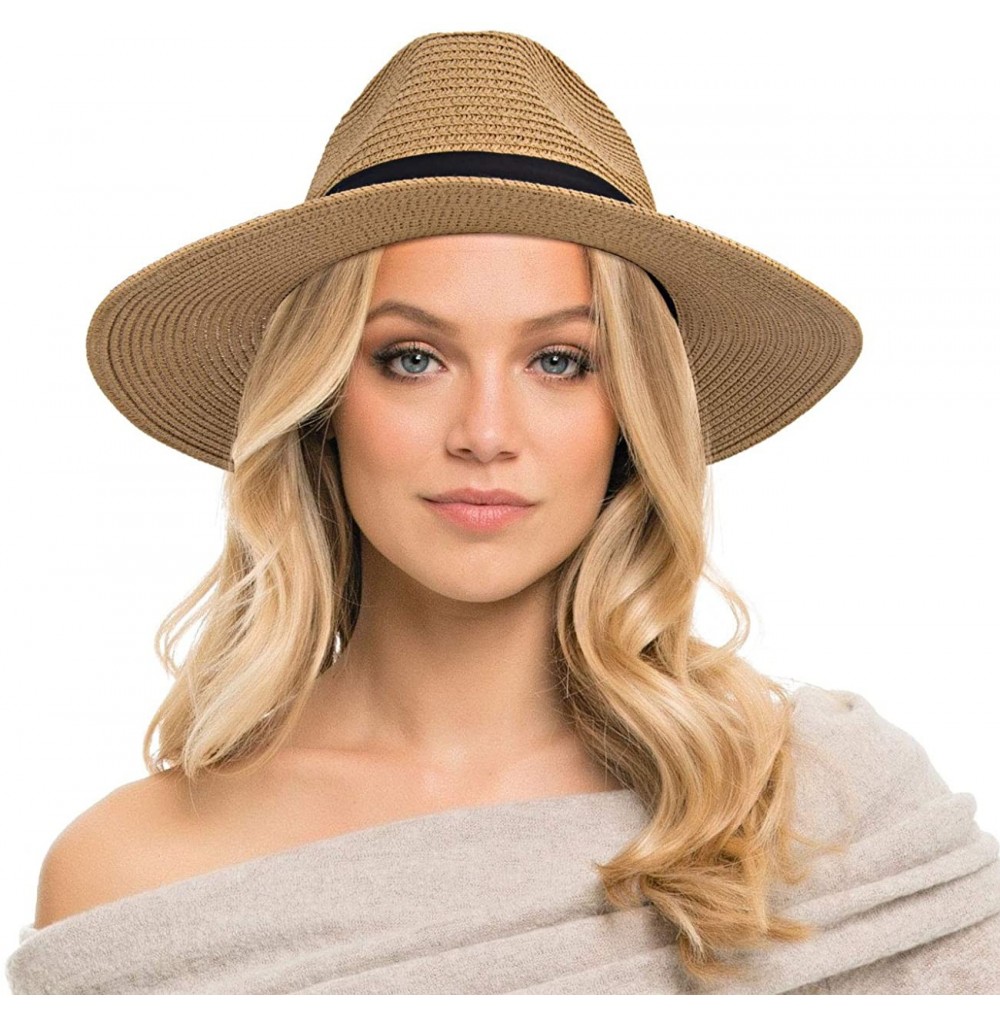 Sun Hats Womens Straw Panama Hat Foldable Wide Brim Summer Straw Beach Hat UV Protection Sun Hat - Brown - CC18TD9O2XC