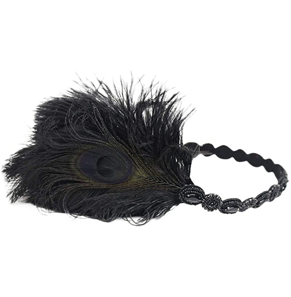 Headbands 1920s Headpiece Feather Flapper Headband Great Gatsby Headdress Vintage Accessory - Black -4 - CH18K6TIH4O