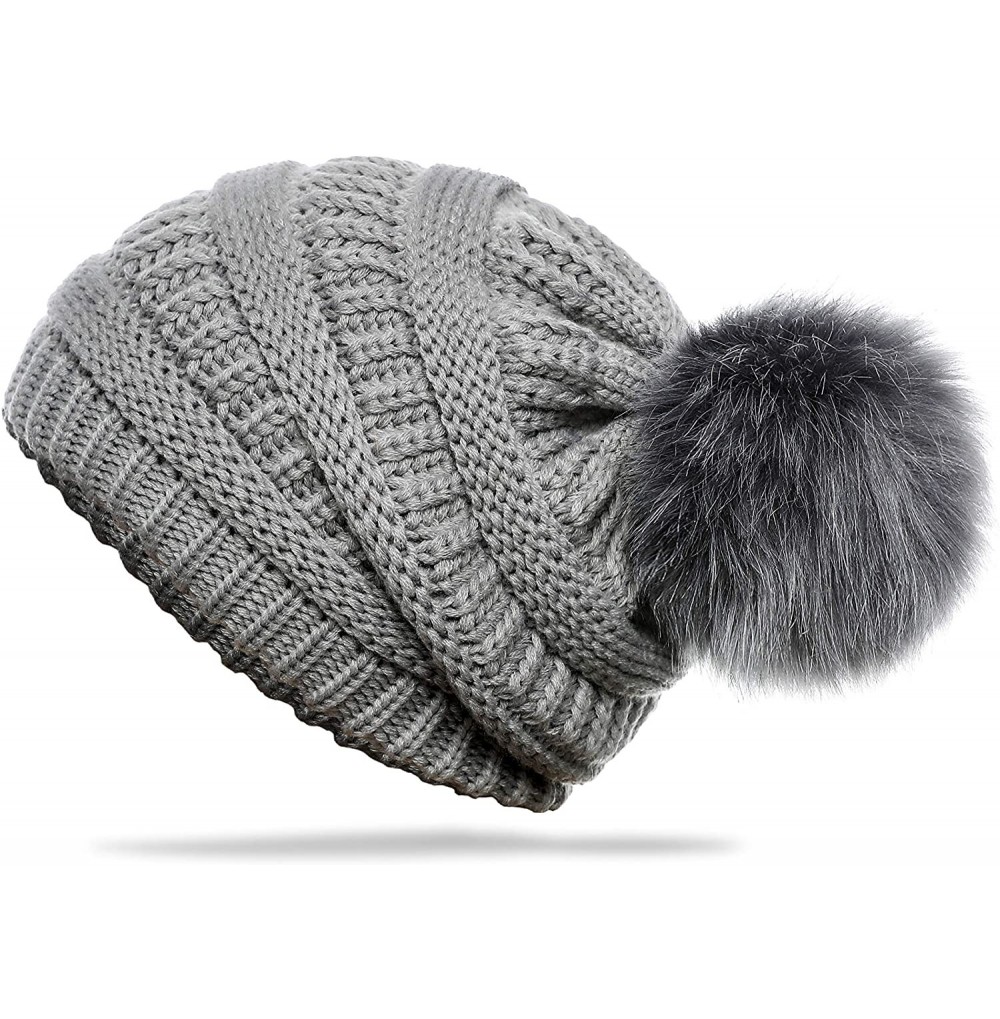 Skullies & Beanies Slouchy Winter Knit Beanie Cap Chunky Faux Fur Pom Pom Hat Bobble Ski Cap - Deep Grey 02 - CL1802E4C7M