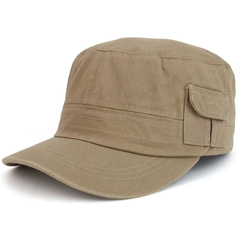 Baseball Caps Plain Castro Flat Top Style Army Cap with Pocket - Khaki - CY18OIELWGD