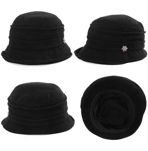 Bucket Hats Cloche Round Hat for Women 1920s Fedora Bucket Vintage Hat Flower Accent - 89108_black - C6187COT7XW