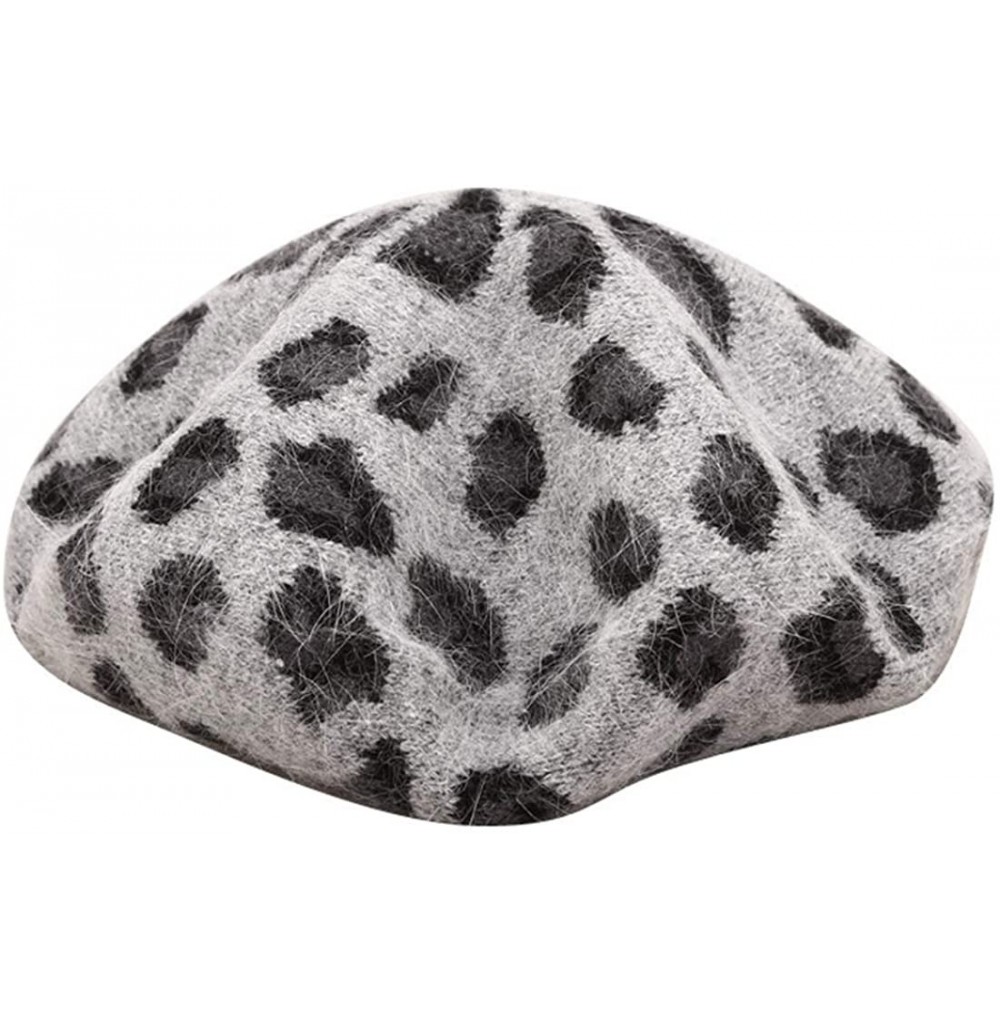 Berets Womens French-Beret-Leopard Print Vintage Angora Winter-Beanie Hat Warm - Gray - CM18Y045OZU