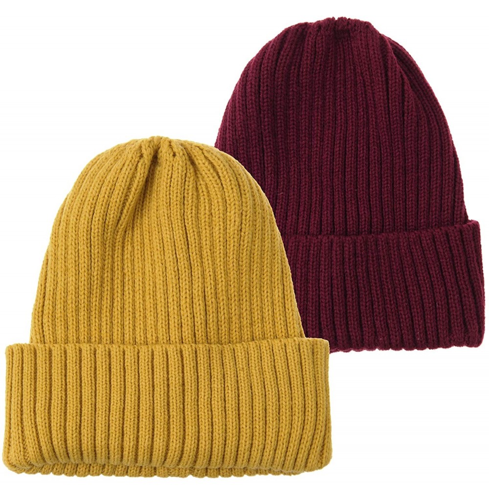 Skullies & Beanies Knitted Ribbed Beanie Hat Basic Plain Solid Watch Cap AC5846 - Twopack_yellowwine - CG18KNM87Z3