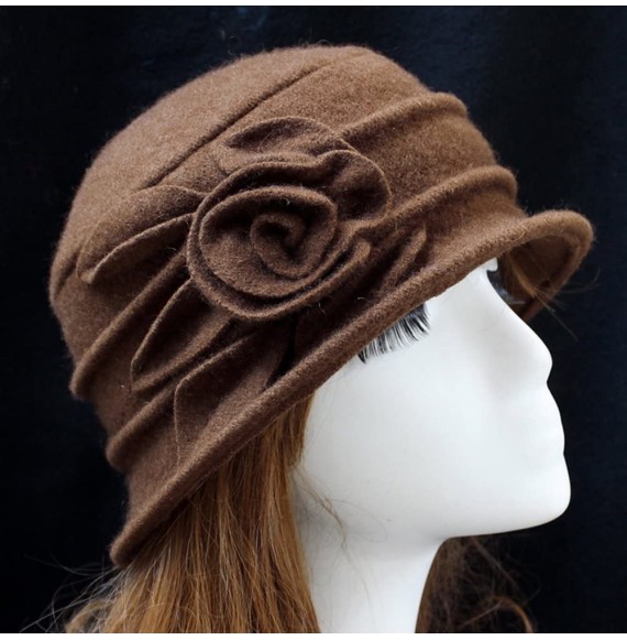 Bucket Hats Lady's Vintage Fleece Wool Blend Cloche Bucket Hat Floral Trimmed - Coffee - CZ12NT3LZ2H