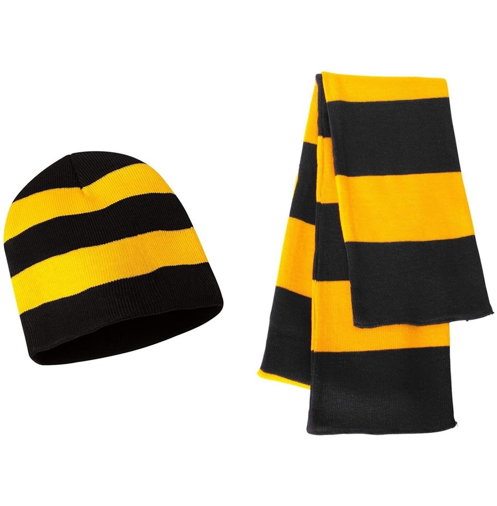 Skullies & Beanies Knit Collegiate Rugby Stripe Winter Scarf & Beanie Hat Set - Black/Gold - CY119VEHAW3