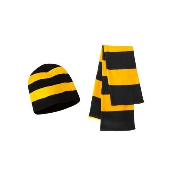 Skullies & Beanies Knit Collegiate Rugby Stripe Winter Scarf & Beanie Hat Set - Black/Gold - CY119VEHAW3