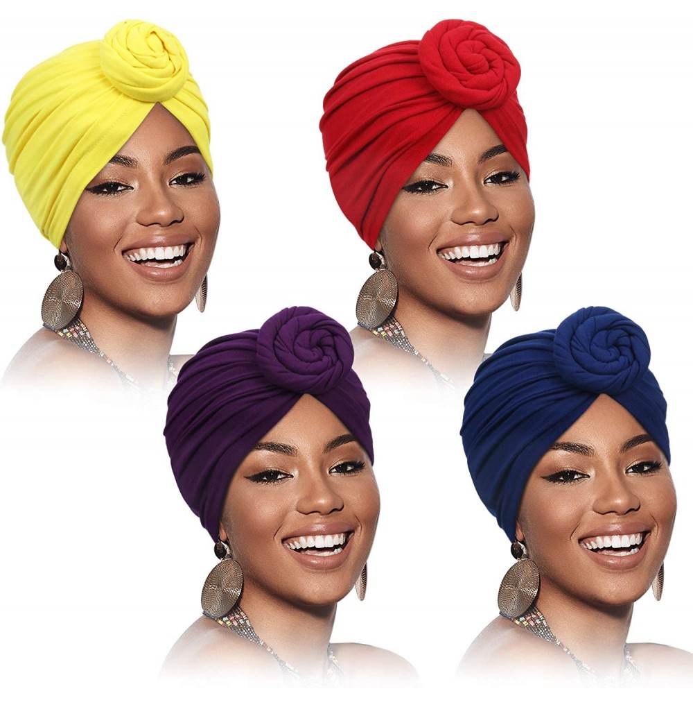 Skullies & Beanies 4 Pieces African Pattern Headwrap Pre-Tied Bonnet Turban Knot Beanie Cap Headwrap Hat - Pure Purple Yellow...