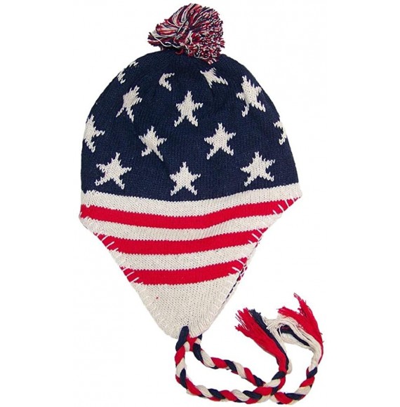 Skullies & Beanies Adult Knit Ear Flap Hat W/Pom Pom (One Size) - American Flag - Red/Off White/Blue - CO12NGDPDA6