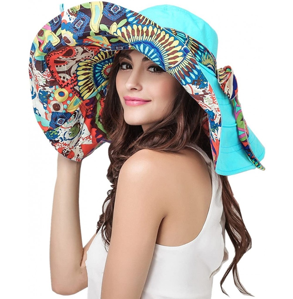 Sun Hats Women's Foldable Floppy Reversible Travel Beach Sun Visor Hat Wide Brim UPF 50+ - Blue - CJ124CGXIKN