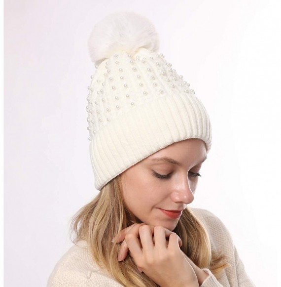 Skullies & Beanies Fashion Thick Cable Knitted Faux Fuzzy Fur Pompom Fleece Lined Skullies Cap Cuff Beanie - White - CF192RH5AOQ