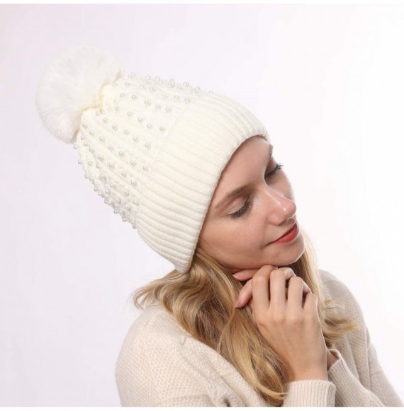 Skullies & Beanies Fashion Thick Cable Knitted Faux Fuzzy Fur Pompom Fleece Lined Skullies Cap Cuff Beanie - White - CF192RH5AOQ