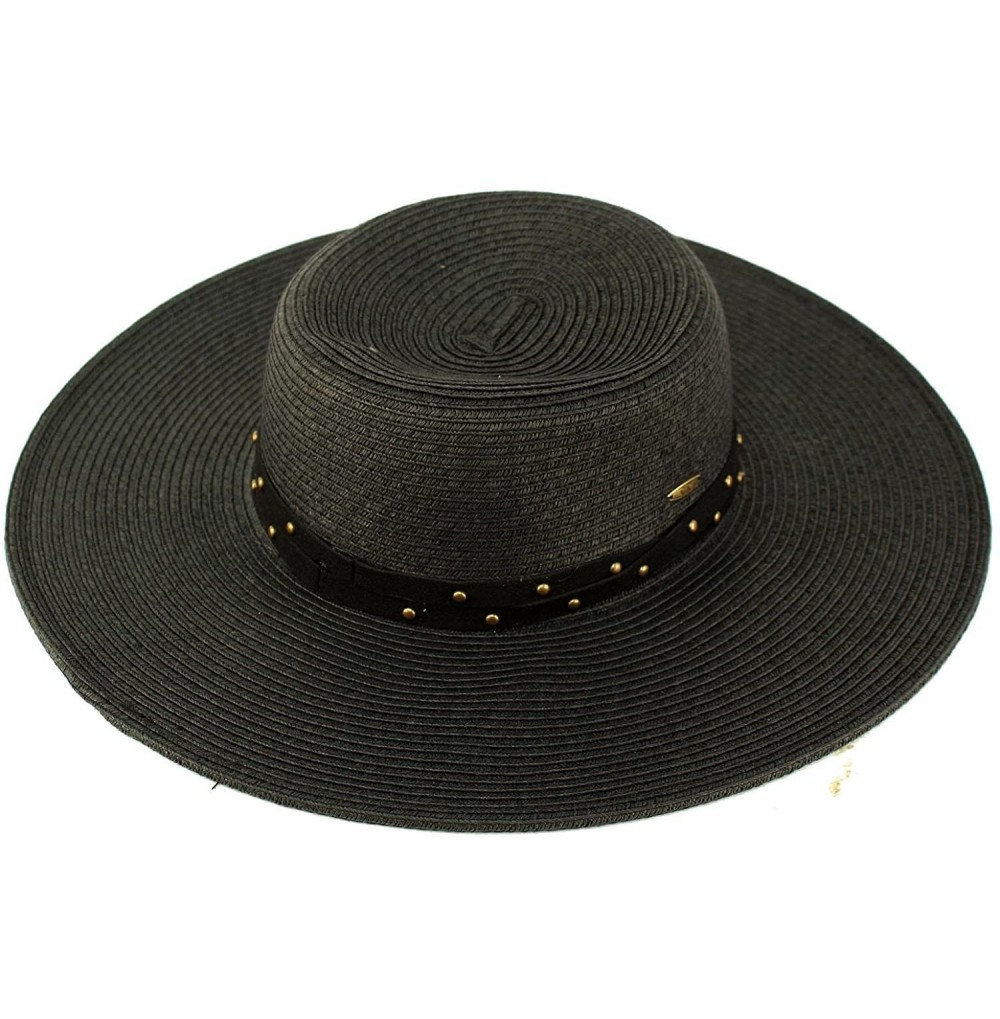 Sun Hats Metal Rivets Hatband Floppy Wide Brim 4" Summer Beach Pool Sun Hat - Black - CI18D39E5Z6