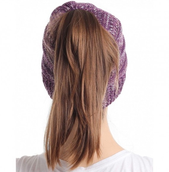 Skullies & Beanies Ponytail Messy Bun Beanie Tail Knit Hole Soft Stretch Cable Winter Hat for Women - 3 Tone Purple - CJ18X62...