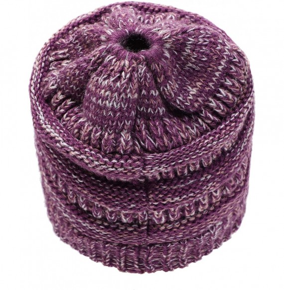 Skullies & Beanies Ponytail Messy Bun Beanie Tail Knit Hole Soft Stretch Cable Winter Hat for Women - 3 Tone Purple - CJ18X62...