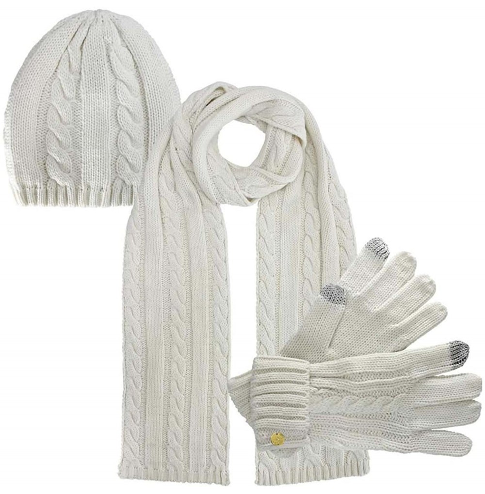 Skullies & Beanies Cable Knit 3 Piece Beanie Hat Texting Gloves & Matching Scarf Set - Ivory - C1127O6KIQ5
