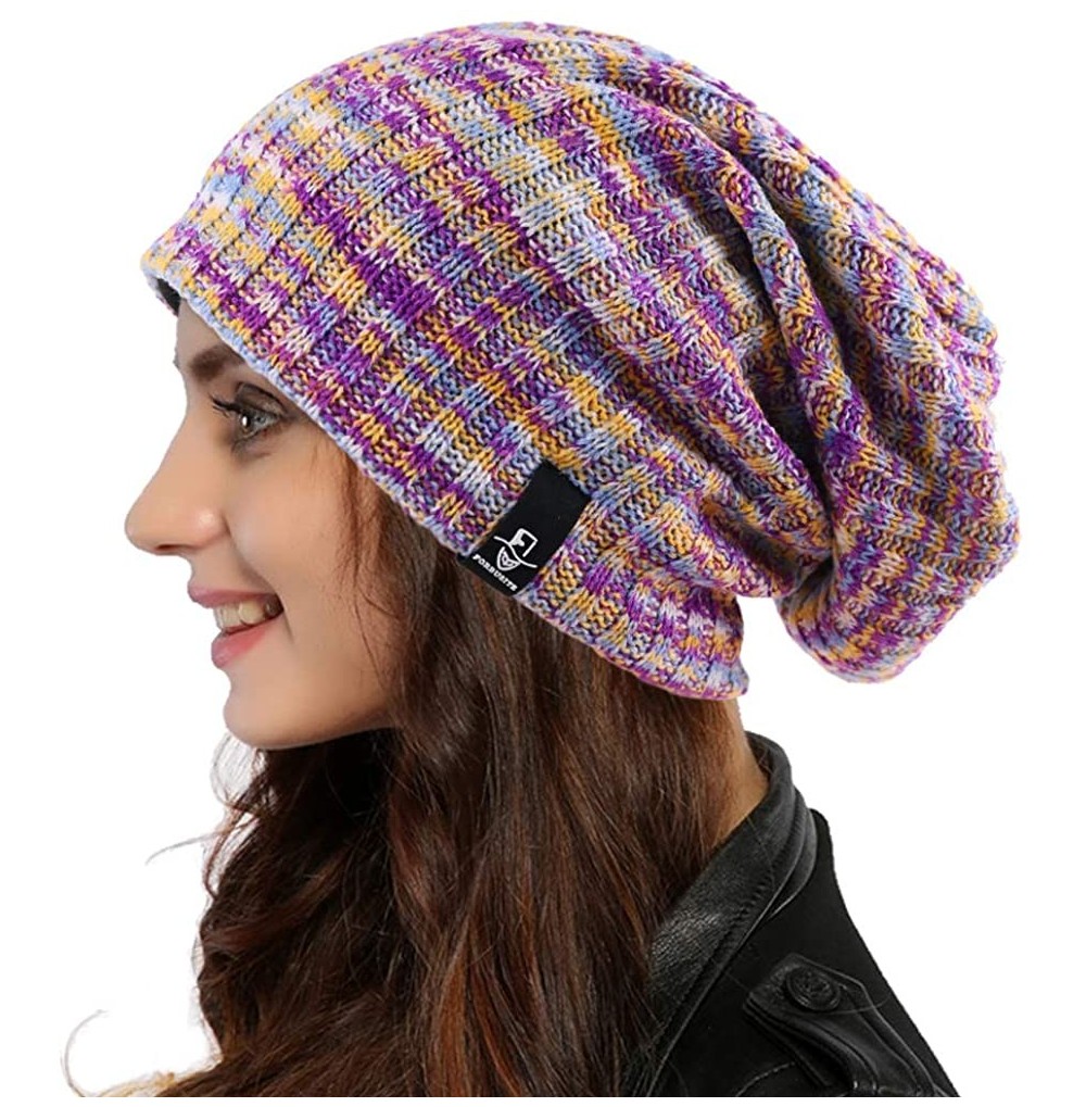 Skullies & Beanies Women Oversized Slouchy Beanie Knit Hat Colorful Long Baggy Skull Cap for Winter - 309w-purple/Multi - CA1...