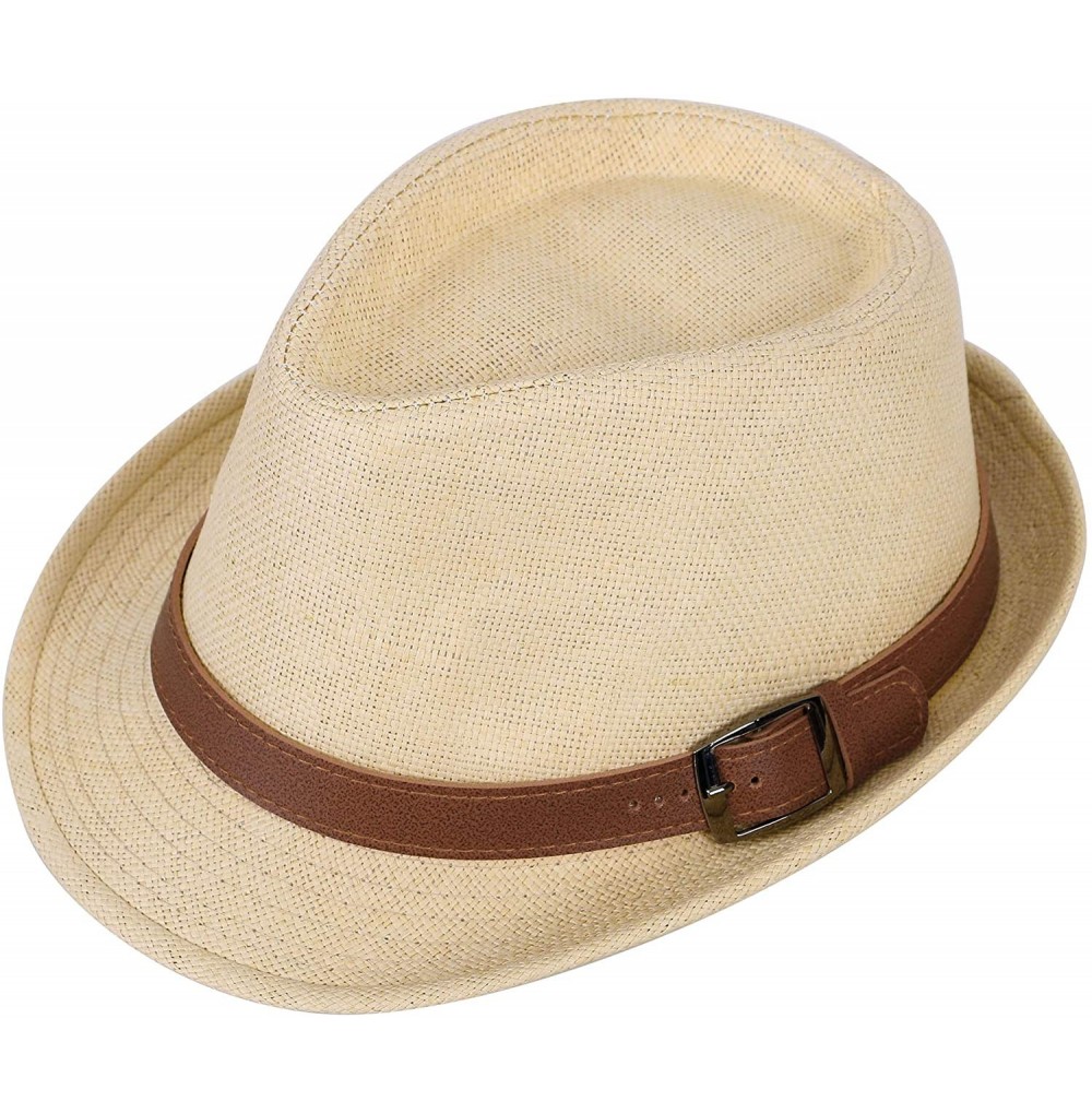 Fedoras Men/Womens Outdoor Casual Structured Straw Fedora Hat w/PU Leather Strap - Natural Hat Brown Belt - CK1804OQ7N9