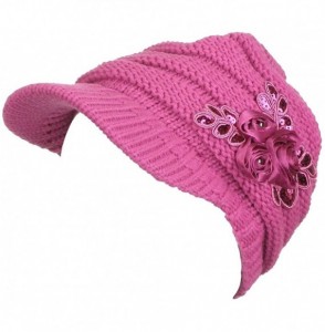 Newsboy Caps Women's Knit Newsboy Hat with Satin Flower - Fuchsia - CT120240OAF