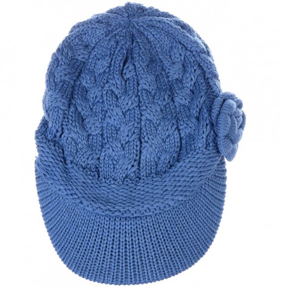 Skullies & Beanies Womens Winter Visor Cap Beanie Hat Wool Blend Lined Crochet Decoration - Steel Blue Rose - CW18WCHWT8M