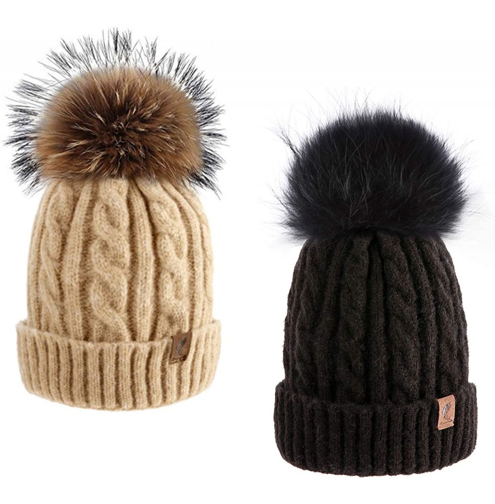 Skullies & Beanies Cute Beanie Hats for Womens Pom Pom Hat Knit Hat Thermal Ski Hat - Black Beige(2pcs) - CH18TM9T8T9