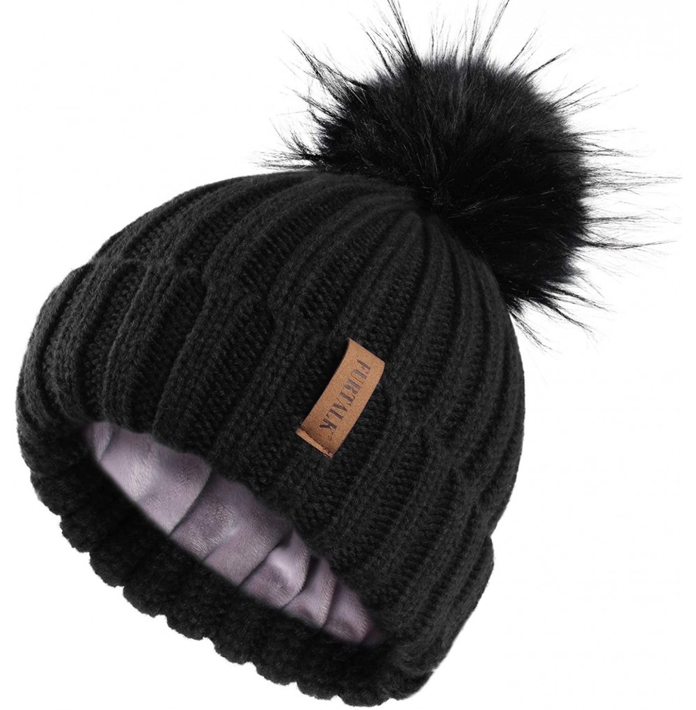 Skullies & Beanies Womens Winter Knitted Beanie Hat with Faux Fur Pom Fleece Lined Warm Beanie for Women - 02-black - CJ18UZN...