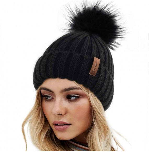 Skullies & Beanies Womens Winter Knitted Beanie Hat with Faux Fur Pom Fleece Lined Warm Beanie for Women - 02-black - CJ18UZN...