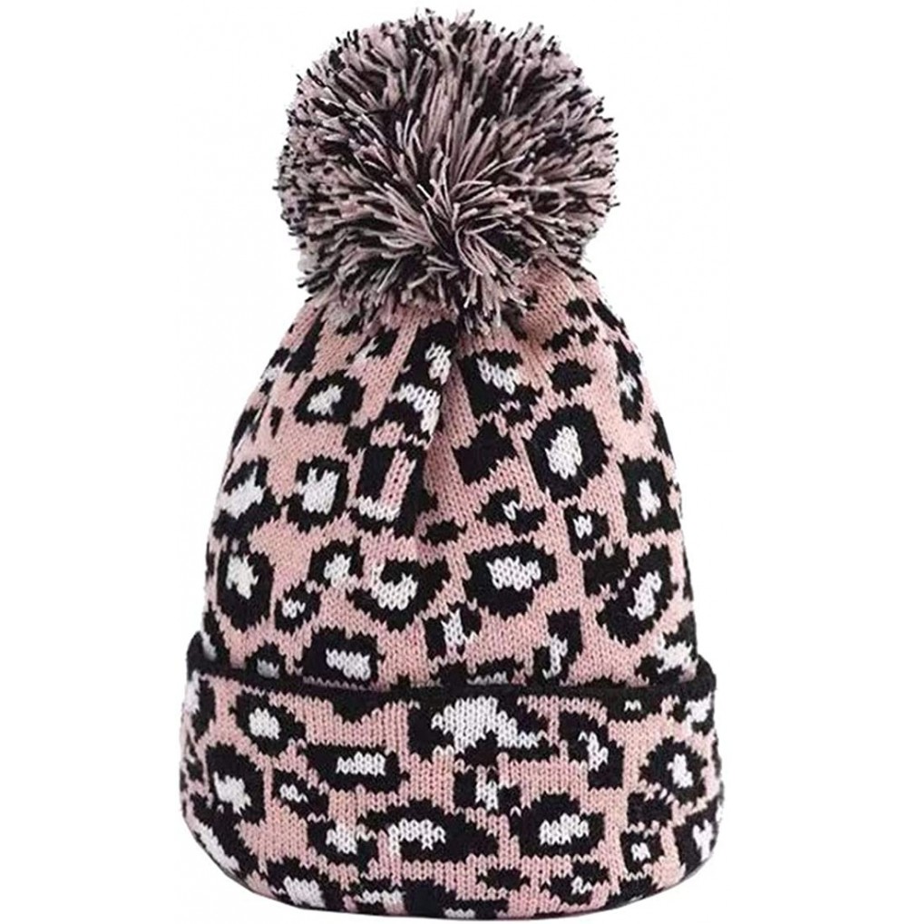 Skullies & Beanies Women Knit Hats Warm Leopard Beanie with Pom - Pink - CA18U8Q58SA