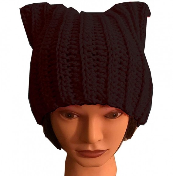 Skullies & Beanies Handmade Knitted Pussy Cat Ear Beanie Hat for Women's March Winter Gifts - Black - CS189S764YR