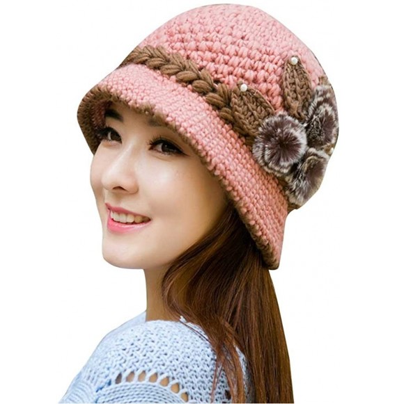 Skullies & Beanies Special Women Lady Winter Warm Crochet Knitted Flowers Decorated Ears Hat - Pink - CR18HYWWUMY