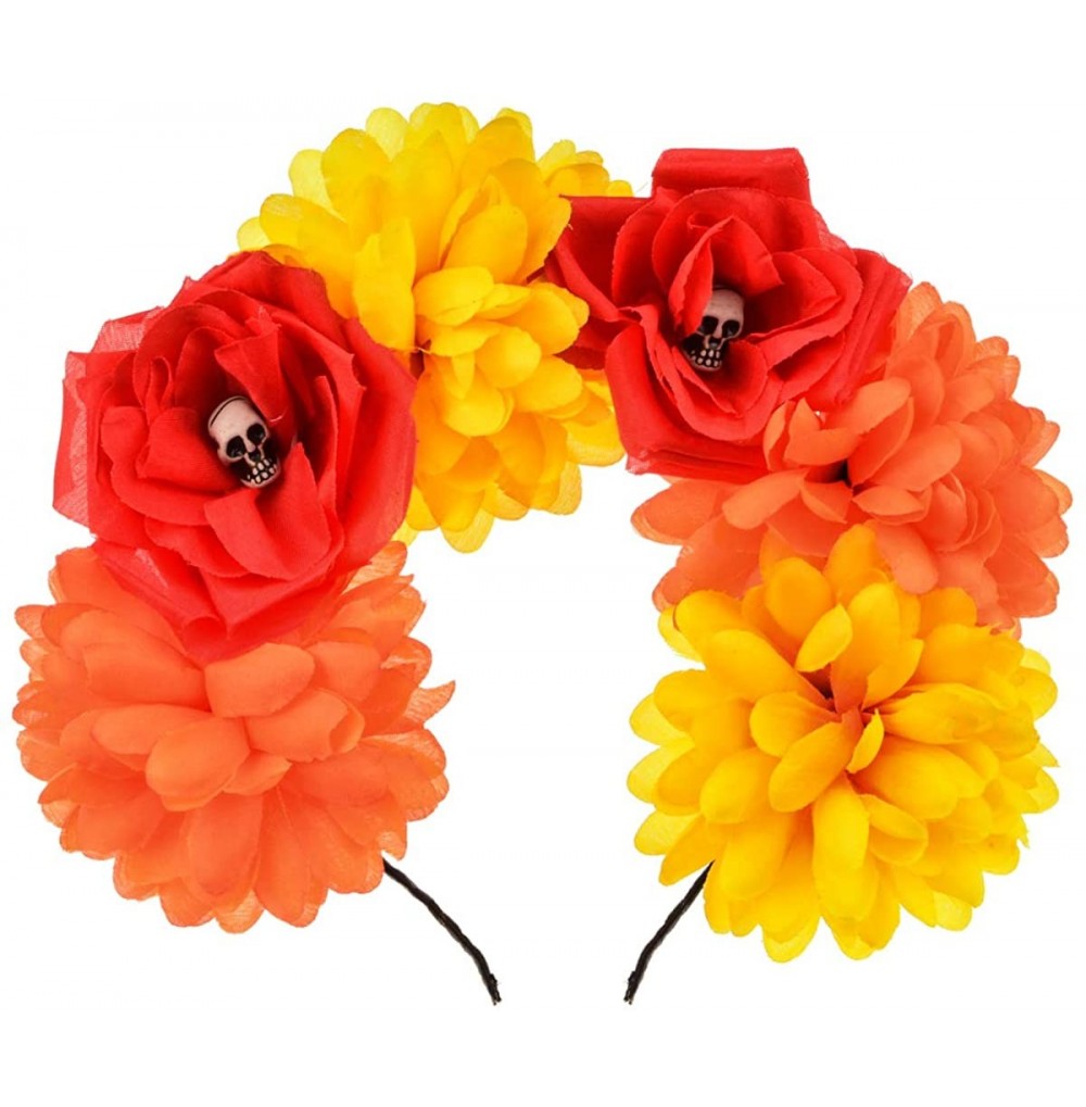 Headbands Custom Mexican Flower Crown Day of The Dead Hawaiian Boho Frida Floral - Orange-red-sk-yellow - CP18YK5O9LD