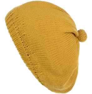 Berets Womens Winter Cozy Cable Fleece Lined Knit Beret Beanie Hat (Set Available) - Mustard Ribbed Solid Button - CT18UD377N3