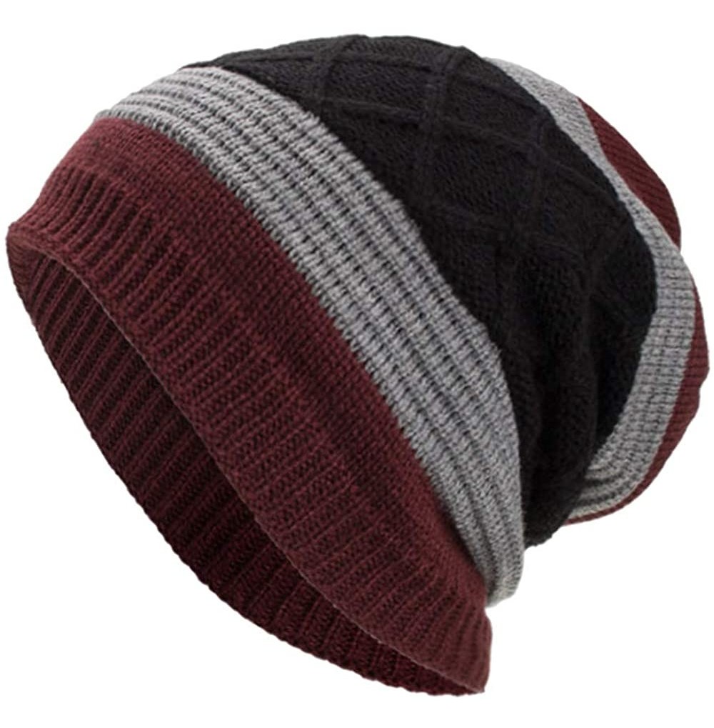 Skullies & Beanies Women Men Winter Knit Warm Flexfit Hat Stripe Ski Baggy Slouchy Beanie Fashion Skull Cap - Wine - CL18HTOGK67
