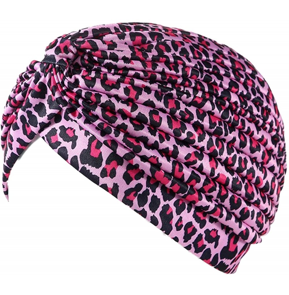 Sun Hats Shiny Turban Hat Headwraps Twist Pleated Hair Wrap Stretch Turban - Pink Leopard - C8199IHNM9C
