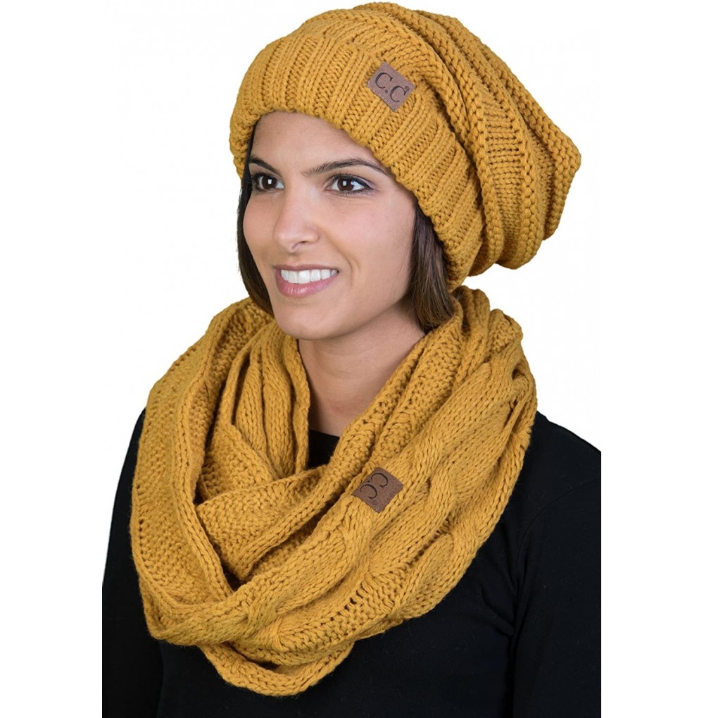 Skullies & Beanies Oversized Slouchy Beanie Bundled with Matching Infinity Scarf - Mustard - CX189E7MLH6