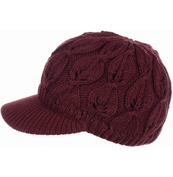 Newsboy Caps Womens Winter Chic Cable Warm Fleece Lined Crochet Knit Hat W/Visor Newsboy Cabbie Cap - Leafy Burgundy - C51860...