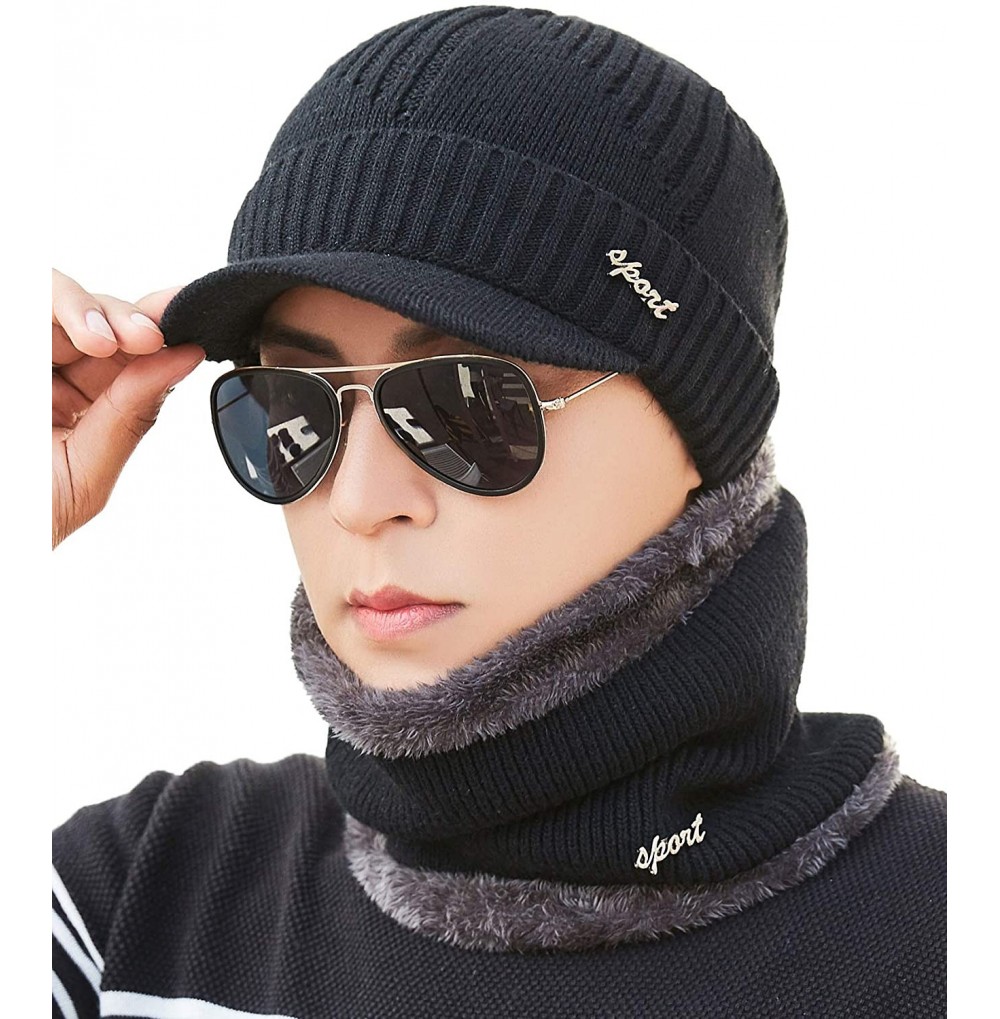 Skullies & Beanies Mens Women Knit Visor Winter Beanie Hat & Fleece Scarf Sets Face Neck Cover & Ear Flap - Am59-black - CS18...