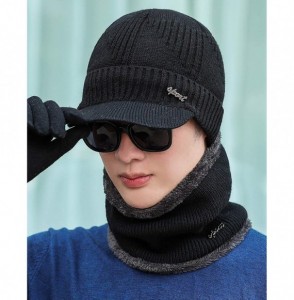 Skullies & Beanies Mens Women Knit Visor Winter Beanie Hat & Fleece Scarf Sets Face Neck Cover & Ear Flap - Am59-black - CS18...