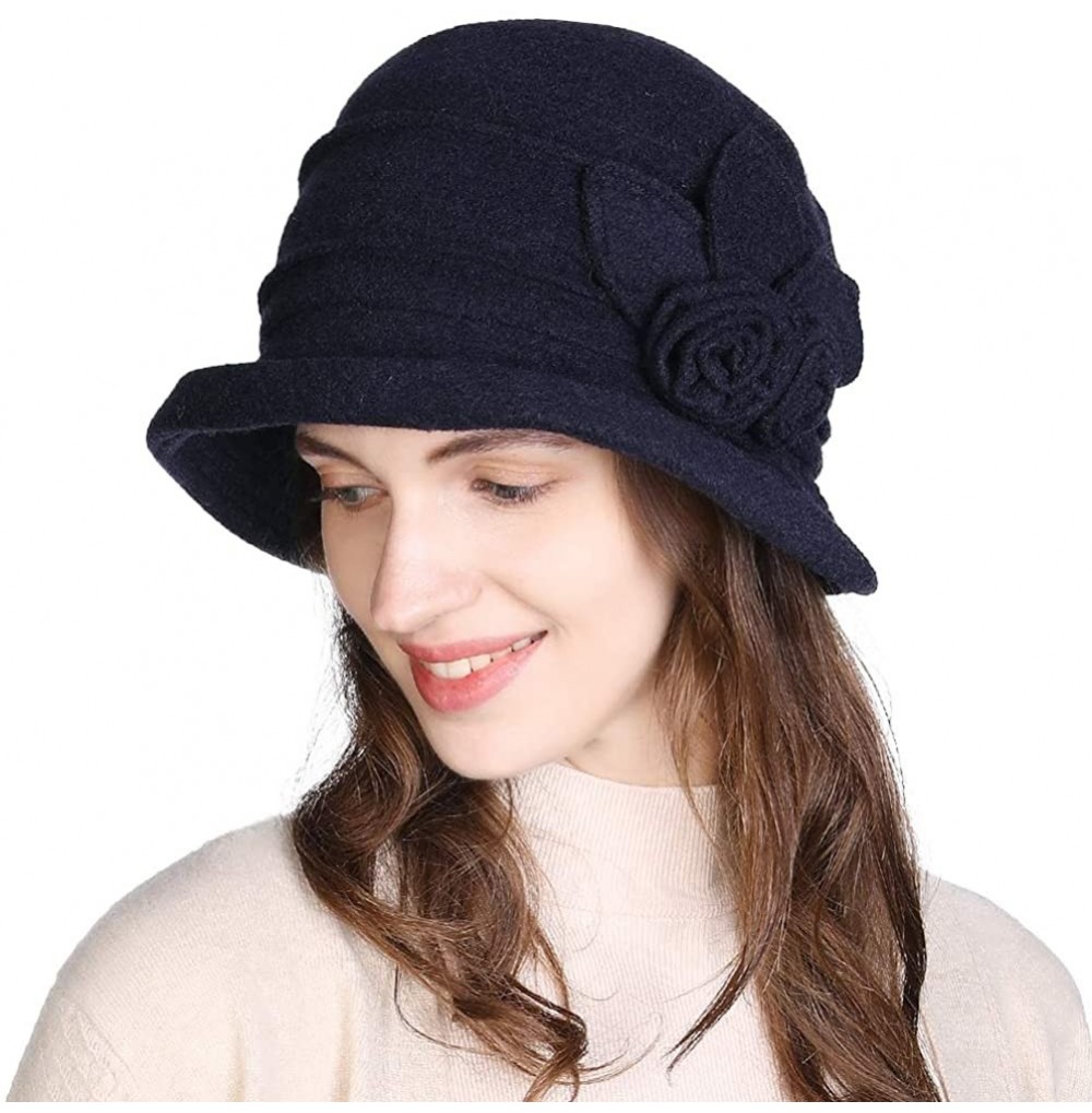 Berets Womens Wool Blend Winter Bucket 1920s Vintage Derby Hat Fedora Round Fall Bowler 55-59cm - 16076-navy - CI18ZCTGOLZ