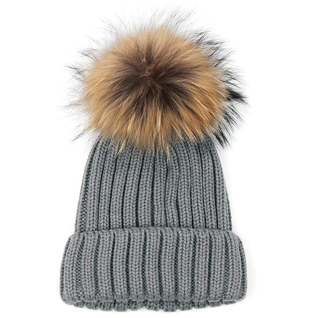 Skullies & Beanies Winter Knitted Beanie Hat Soft Warm Wool Hat with Removable Faux Fur Pom Pom - Gray - C618IHCHCN0