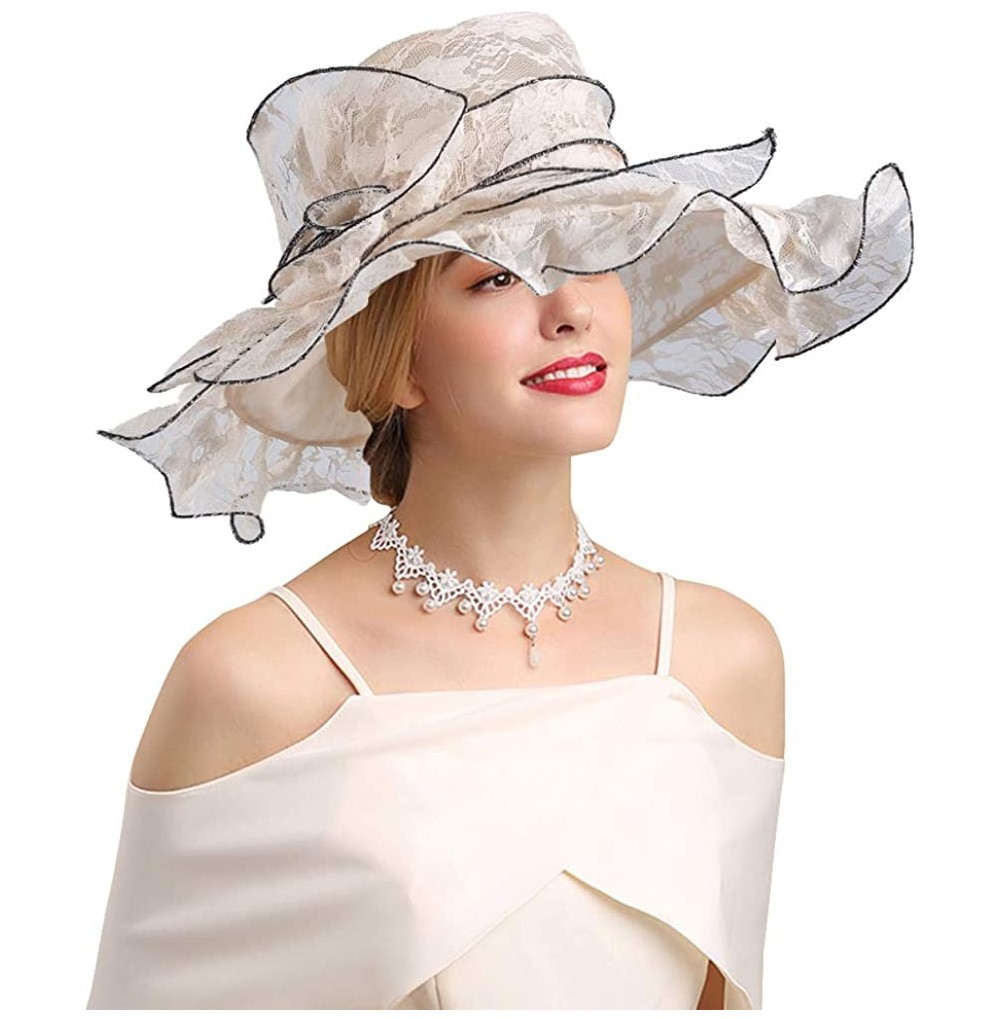 Sun Hats Women's Organza Kentucky Derby Church Fascinator Hat Wide Brim Summer Sun Hat for Bridal Tea Party Wedding - CG18TOS...